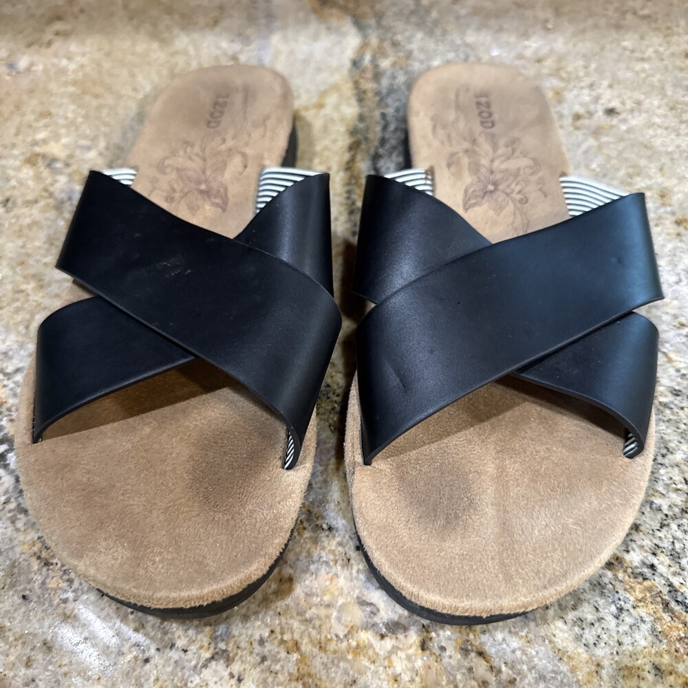 IZOD Sandals Womens 8.5 Alyssa Faux Leather Criss Cross Strap Slide Black